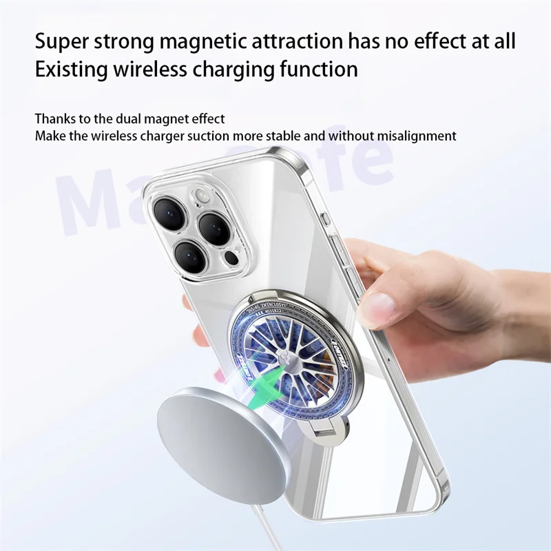 Ice Sensitive Gyroscope Magnetic Bracket Phone Case For iPhone 15 14 Plus 13 12 11 Pro Max XS Clear Glass Shockproof Back Cover