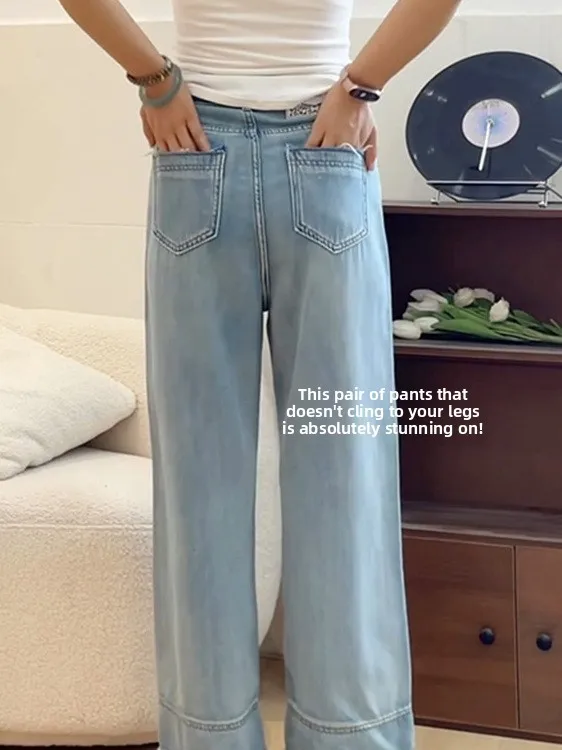 Hellblaue Jeans mit hoher Taille, lockerem, geradem Bein, Damen-Jeans in Übergröße, weites Bein, Jeans mit zerrissenem Saum, Sli, vielseitige Jeans