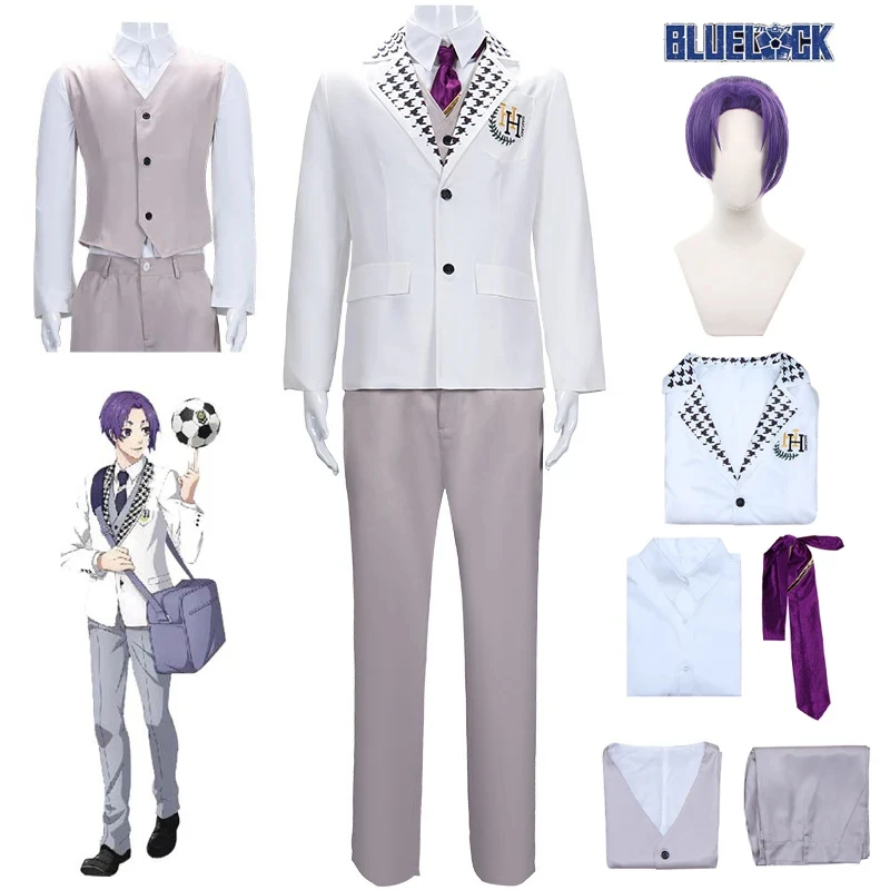 Anime BLUE LOCK Cosplay Reo Mikage Cosplay Costume Episode Nagi DK School Uniform Reo Mikage Wig Halloween White Suit Man Woman