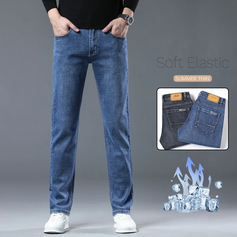 

Spring Summer Thin Men's Slim Jeans Business Straight Elastic Casual Washing Denim Pants Korean Fashion Brand Youth Trousers
