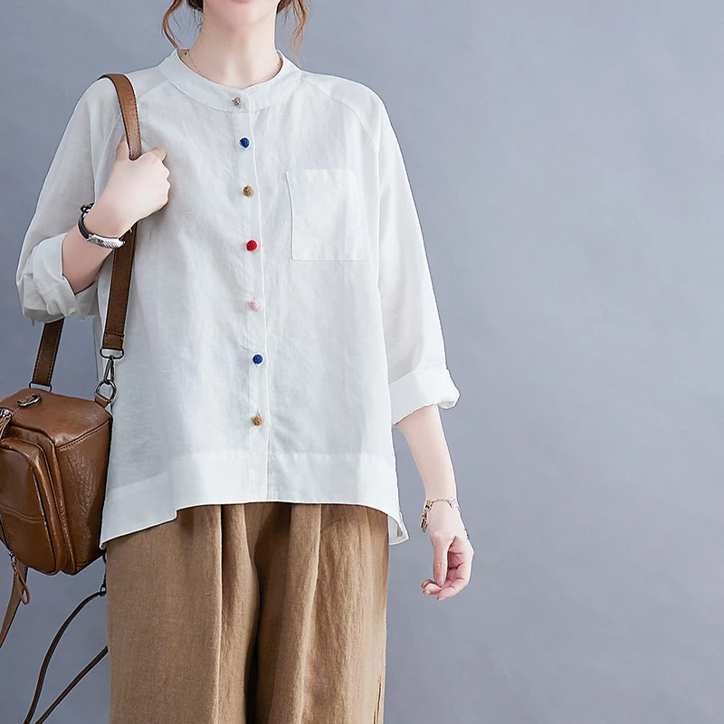 Women Spring Autumn Cotton Linen Shirt Lady Buckle Retro Literary Art Blouse Faux Linen Chic Casual Loose Shirts