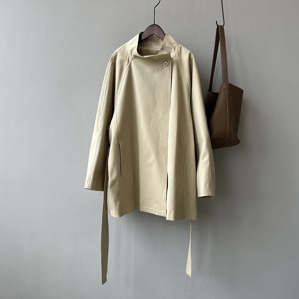 2024 Women Autumn Khaki Trench Coat Stand Collar Women Loose Style Coat With Belt Casaco Feminino New Trench Femme