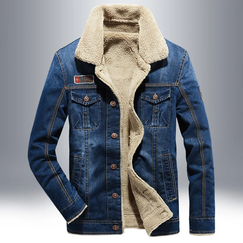 

Men's Denim Jacket Thickened Fleece Casual Style Autumn Winter New Arrival Large Size Collar Cleanfit Waist Shaping