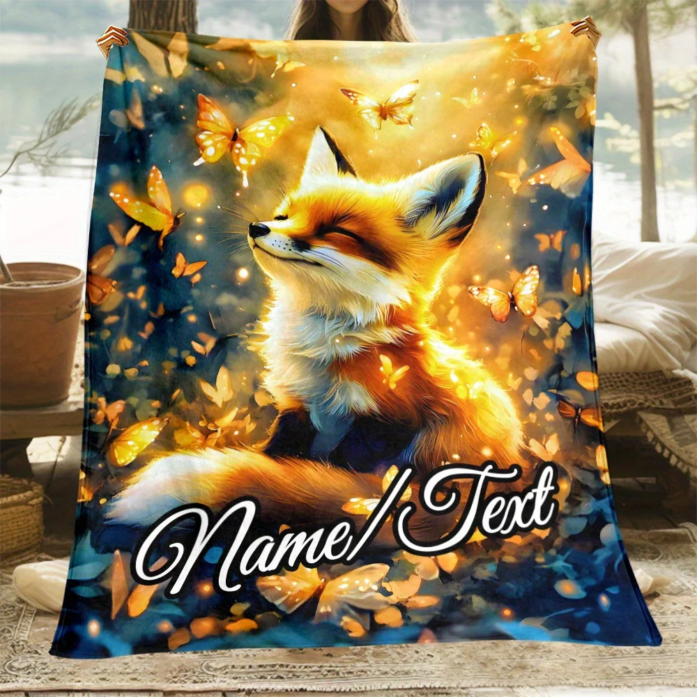1 Stück personalisierte, individuelle Namens-Glam-Flanell-Überwurfdecke mit Fuchs- und Schmetterlingsdesign, warm, für Zuhause, Sofa, Bett, Reisen, Camping, Büro