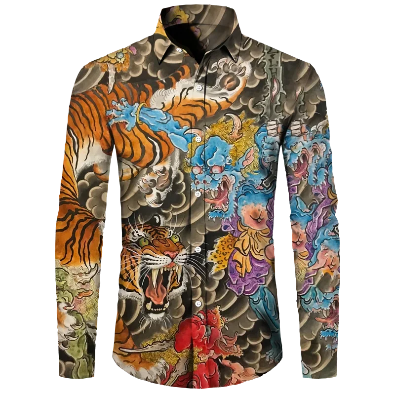 3D Printed Tiger Men\'s Turn-down Collar Button Shirt Chinese Style Vintage Long Sleeve Tops Hawaii Party Streetwear Shirts Tees