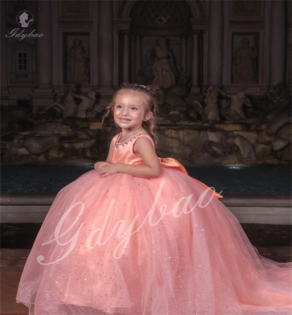 

Pink Girl Outfit Fluffy Sleeveless Mesh With Pearls For Formal Occasions Children's Birthday Party Banquet Performance Custom