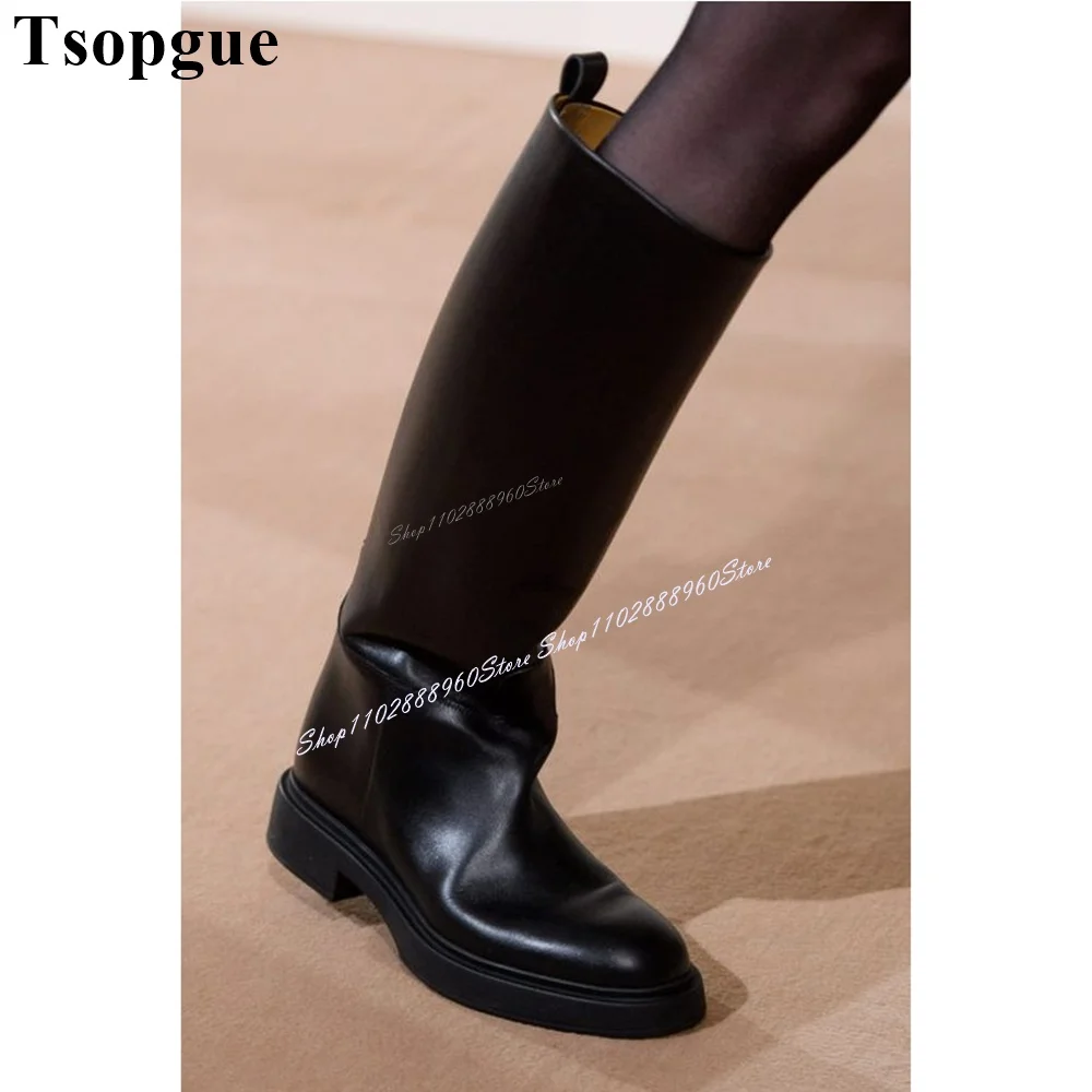 

High Quality Simple Knee High Black Leather Runway Boots Flat With Shoes For Women Slip-On Round Toe 2024 Zapatos Para Mujere