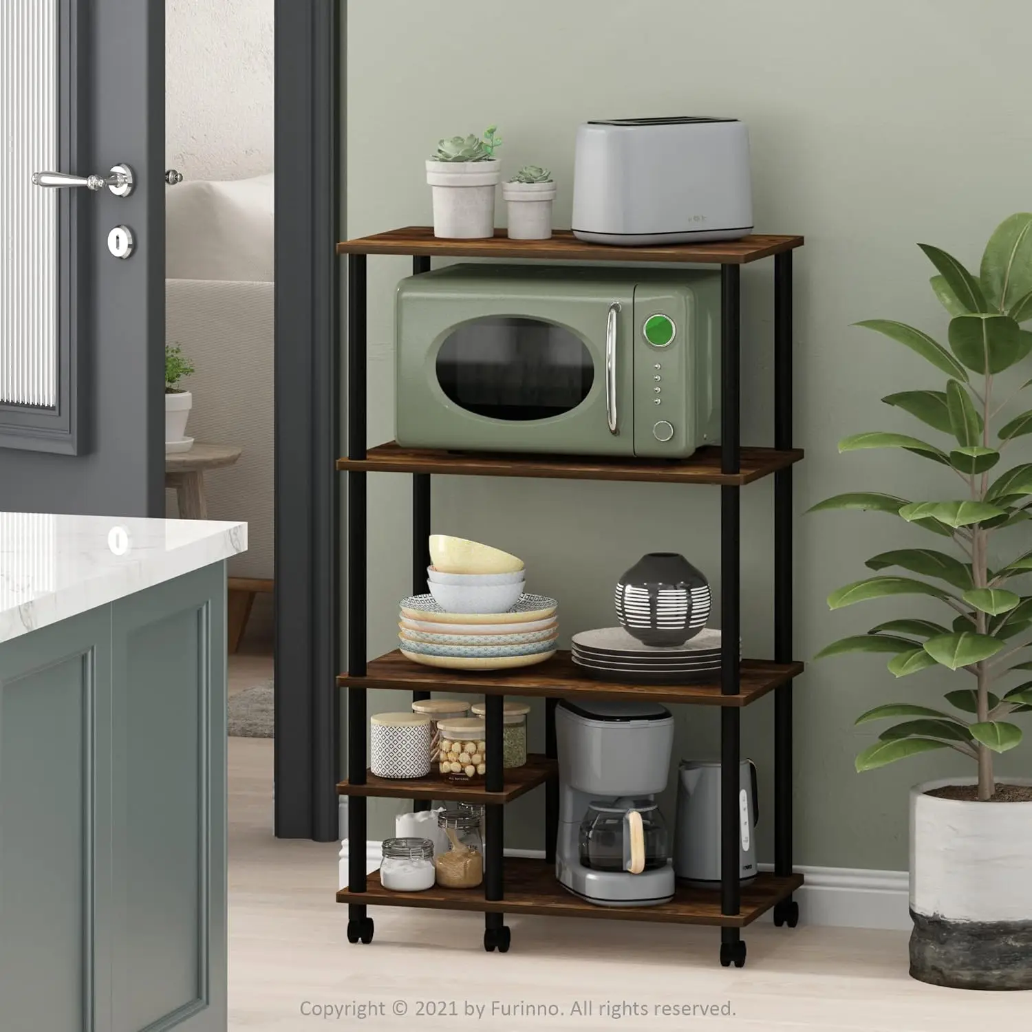 Turn-N-Tube 4-Tier Toolless Kitchen Storage Shelf Cart, Amber Pine/Black