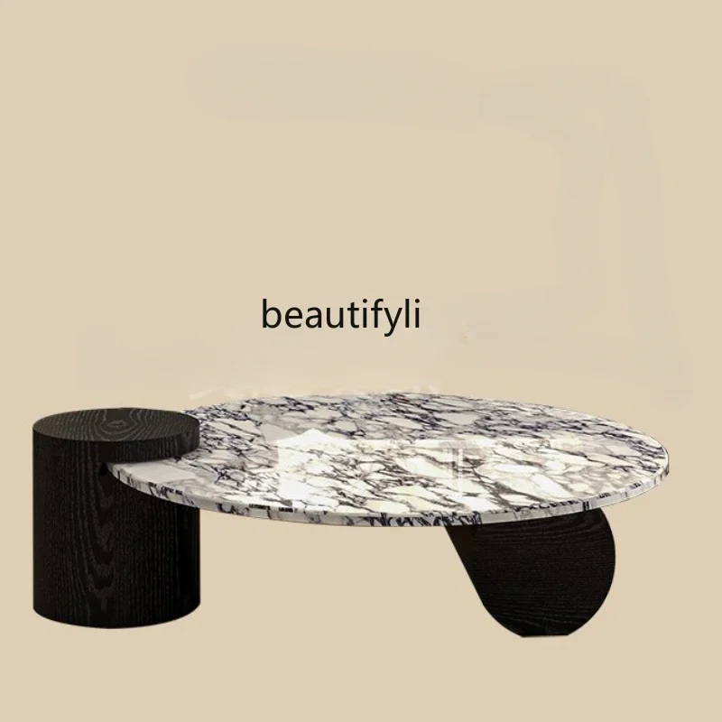 

Marble coffee table small apartment light luxury minimalist French retro living room home cream wind round