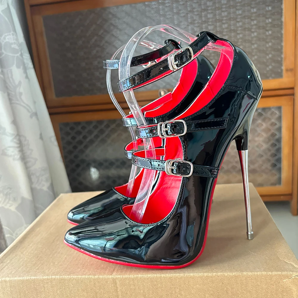 2024 Newly 16cm Unisex High Heels Black Ankle Strap Sexy Red inside Fetish Stilettos Instep Strap Factory Customize Pump Size46