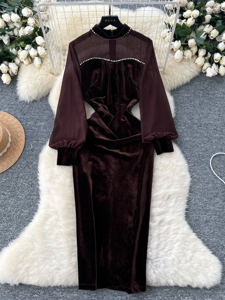 Robe de soirée longue en velours vintage pour femmes, col rond, diamants, maille, épissure, chic, dames, fente latérale, senior, élégante, robe de soirée, automne, nouveau