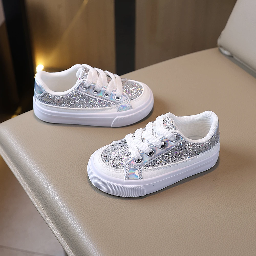 COMFY KIDS Kids 3-12 Years Silver Glitter Laser Low Top Shoes Lace-Up Soft Sole All-Season Wear Party Outfits Casual Shoes image 3