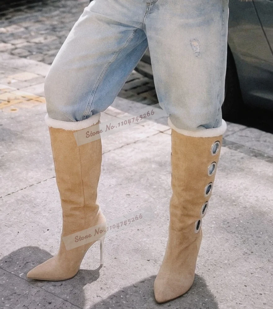Khaki Suede Knee High Boots Pointed Toe Stiletto Heel Fluffy Fur Trim Top Tall Boots Large Metal Eyelet Decor Long Dress Shoes