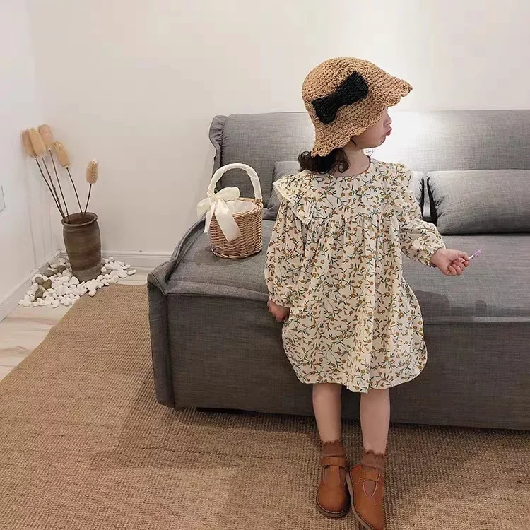 Spring cute girls floral long sleeve princess dress cotton linen loose doll dresses