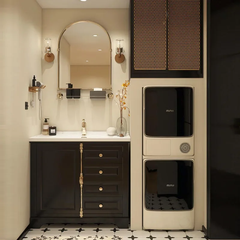Floor-to-ceiling cabinet French retro bathroom cabinet combination ceramic integrated basin toilet washstand rubber solid wood p