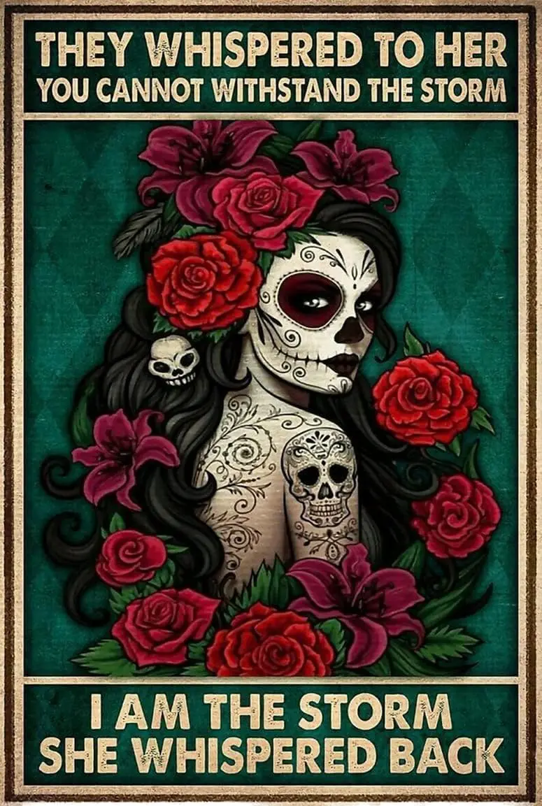Metal Tin Retro Sign-and She Lived Happily Ever After Metal Poster, Wicked Witch Halloween Art, Sugar Skull Metal Poster, Day of