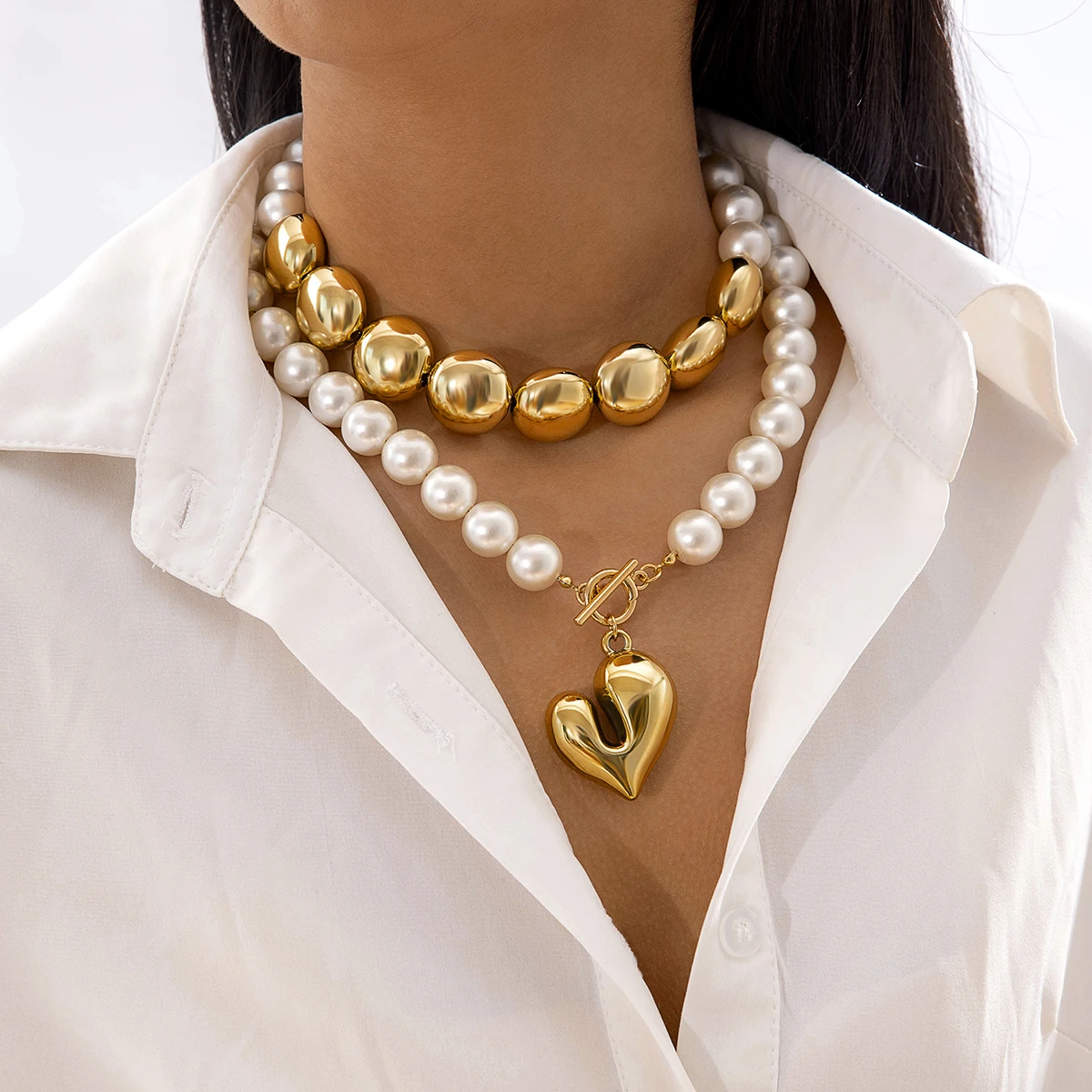 Docona Retro Style Imitation Pearl Double Layer Necklace Personalized Imitation Heart Pendant Chain Women's Daily Party Jewelry