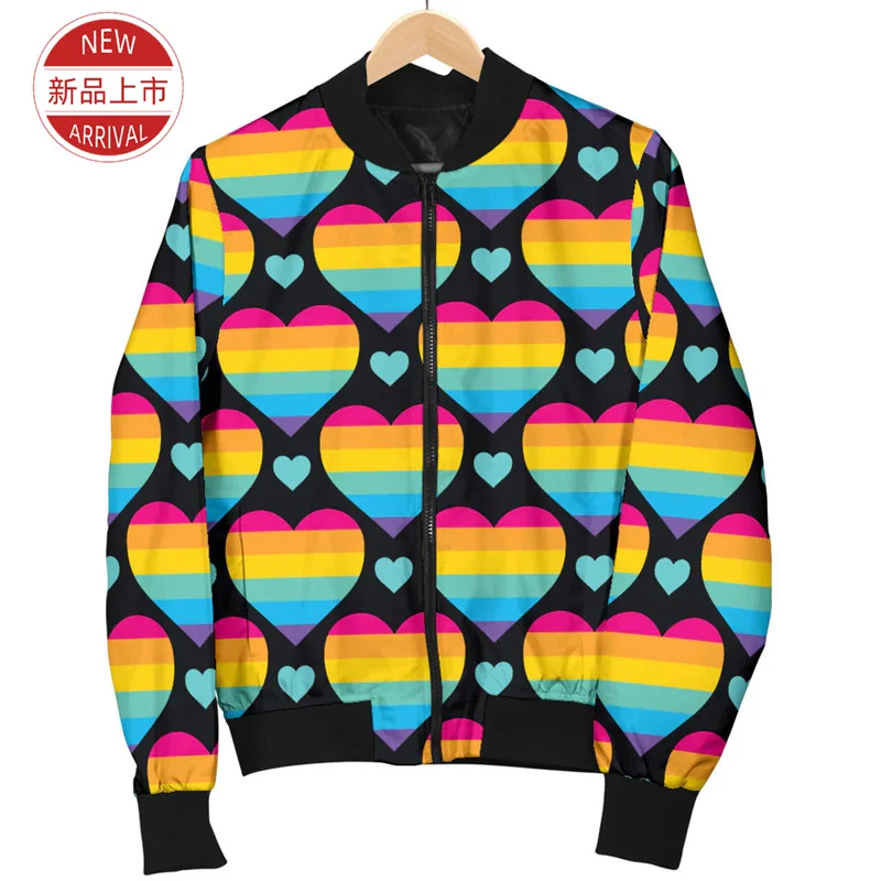 Jaket motif pelangi 3D lucu jaket kerah grafis hati warna-warni pakaian jalanan kasual jaket wanita atasan