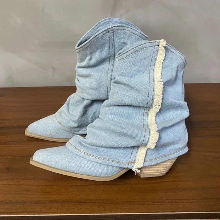 Pleated Denim Ankle Boots Women 2023 Autumn Pointed Toe Thick Heeled Cowgirl Boots Woman Blue Jeans Shoes Botas Plus Size 42