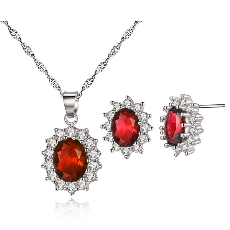 LXOEN Classic Oval Blue Crystal Jewelry Sets for Women White Gold Color Queen Style Wedding Set  Necklace and Earing Set