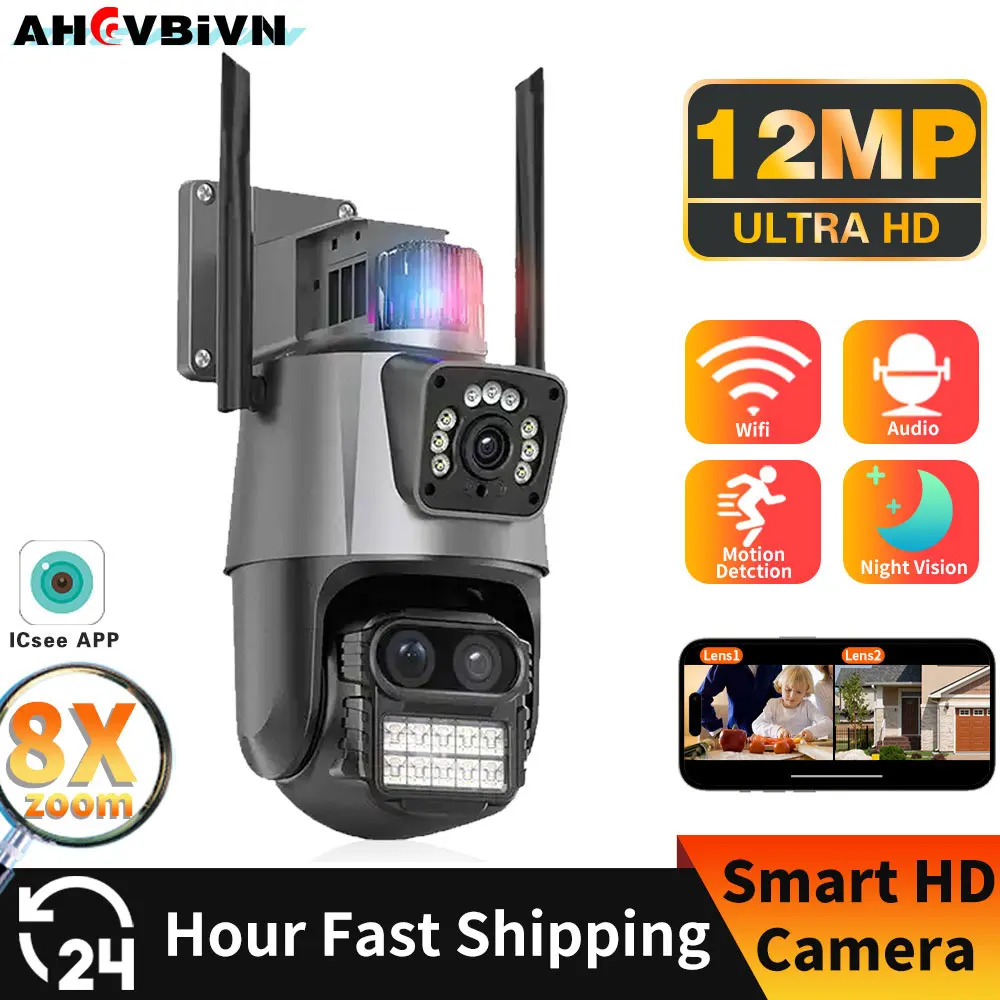 Wifi 6K 12MP HD PTZ IP Camera Outdoor Security 8X Zoom Three-Lens Dual Screen Ai Tracking Video Surveillance Police Light Alarm