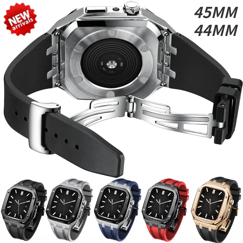 

Modification Kit for Apple Watch 45mm 44mm 42mm Rubber Strap + Metal Case for iWatch Series 8 7 6 5 4 3 SE 45mm Protective Shell