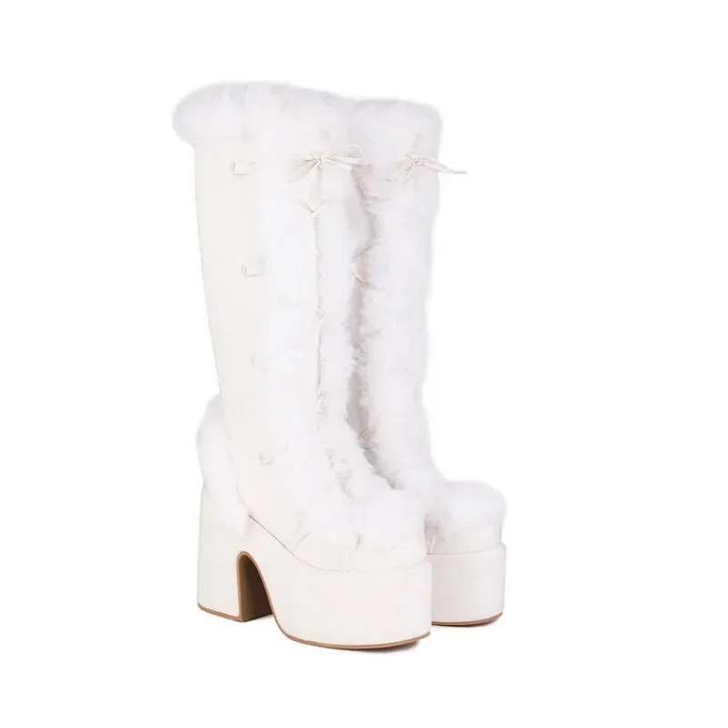 New Winter Women Snow Boots Platform Wedge High Heel Faux Fur Lady Shoes Female Plush Warm Non-slip Mid Calf Boots Goth Shoes