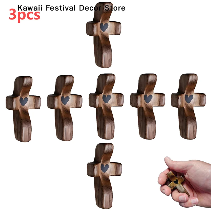 【K】3pcs Wooden Cross Fidget Cross My Heart Pocket Prayer Cross Handmade Wooden Cross Fidget, Encouragement  Gift