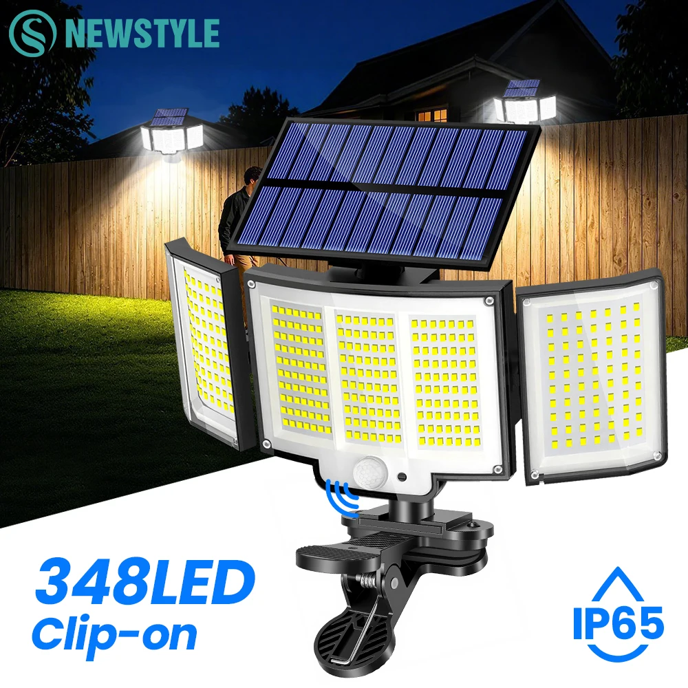 Clip-On 348LED Solar-Außenleuchten mit 3 Köpfen, Bewegungssensor-Wandleuchte, IP65 Wasserdichte Flutlichter mit 3 Beleuchtungsmodi
