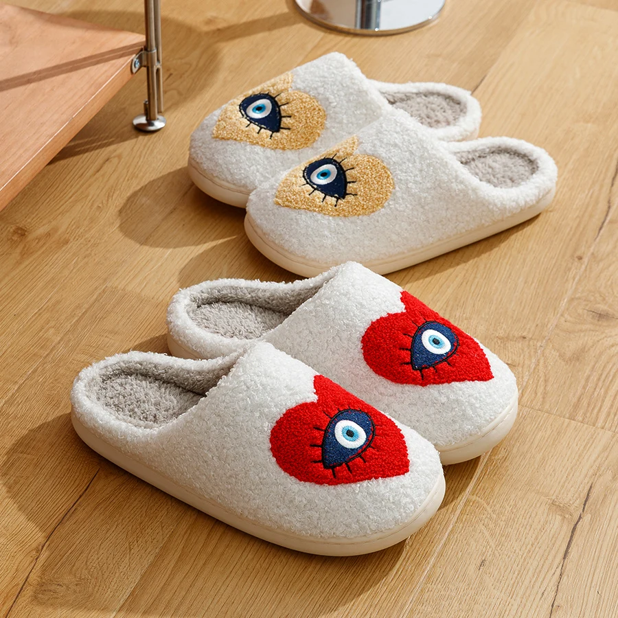 New Home Women\'s Slippers winter Warm Houseshoes Evil Eye Style Fuzzy Comfy Heart Flat Sole Funny Flip Flops Women Shoes