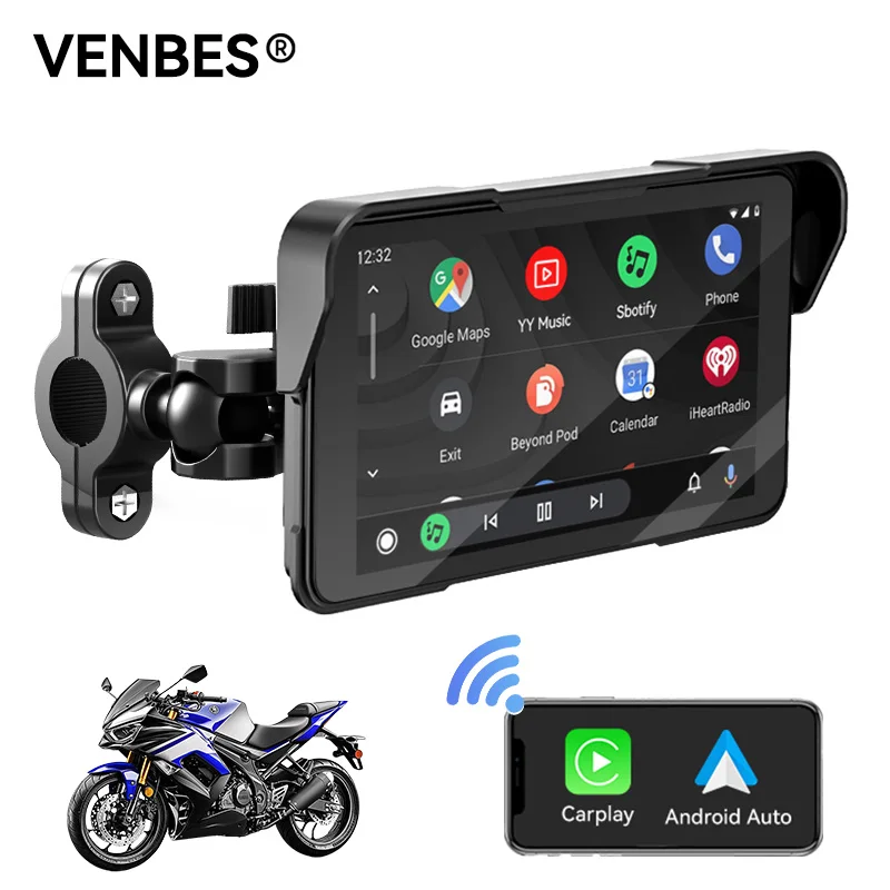 VENBES  Motorcycle Carplay 5 Inch GPS Navigation Wireless Android Auto Carplay Type-C Bluetooth Waterproof Easy to Remove BT