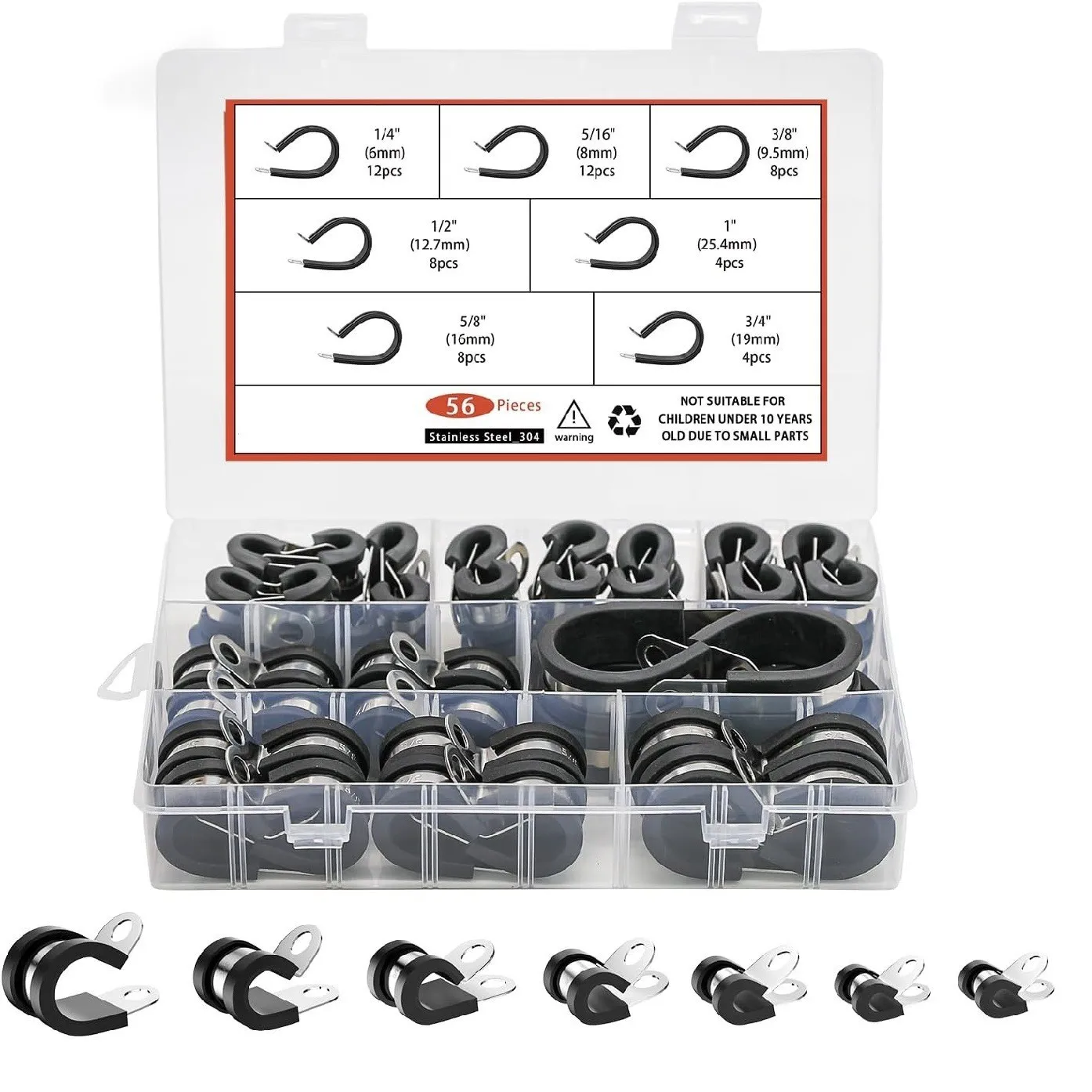 56 Pcs Cable Clamp Assortment Kit 304 Stainless Steel Rubber Cushioned Pipe Clamps 6 Sizes 1/4-1 Inch