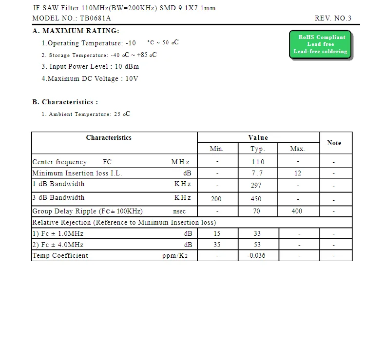 Tb0681A 110Mhz(Bw=200Khz) New Original Filter (1Pcs)