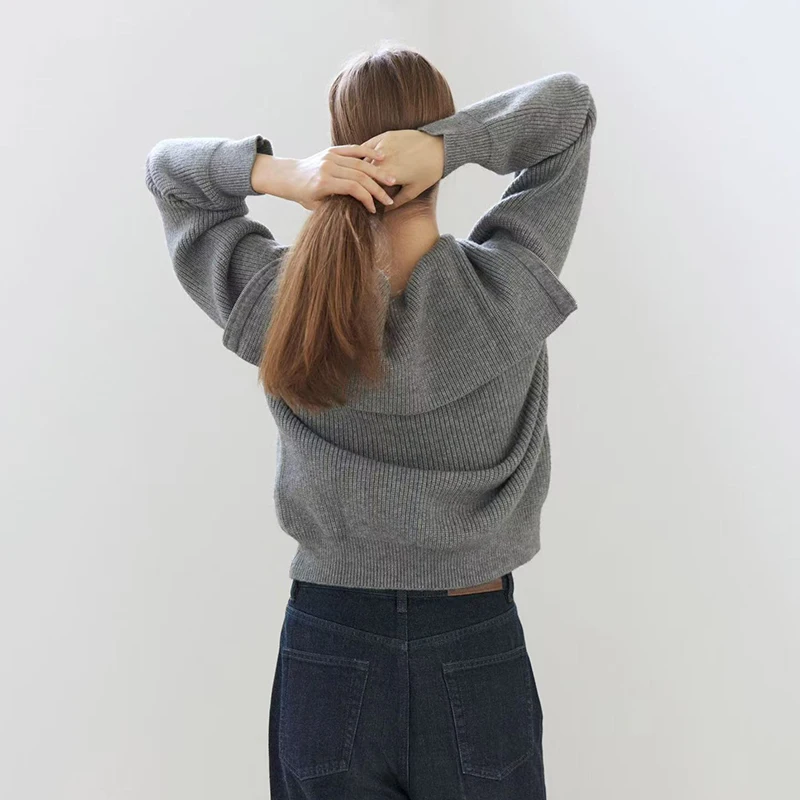 Vintage Lapel Zipper Knit Sweater for Women Autumn Thick Loose Casual Gray Pullover Female Korean Long Sleeve Simple Jumpers