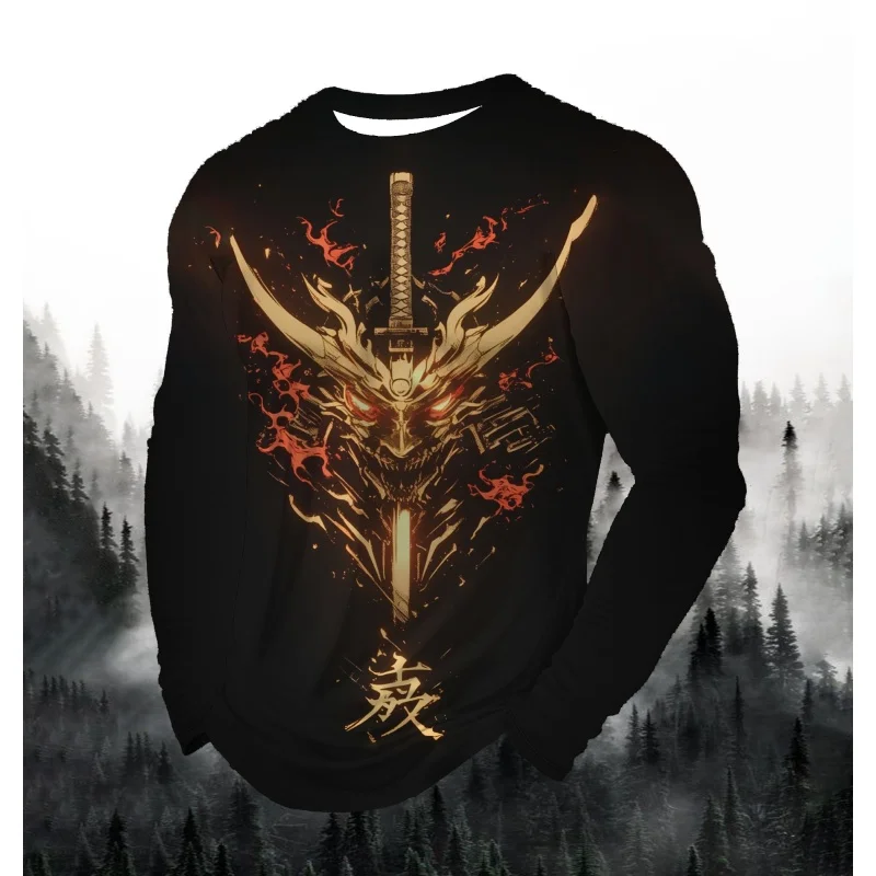 Samuray kılıcı Ninja desen erkek tişörtü savaşçı kask 3D baskılı T Shirt sonbahar rahat gevşek sıfır yaka bluzlar Tees uzun kollu