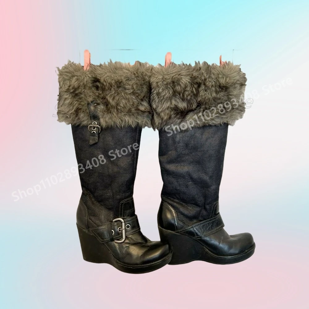 

Black Feather Decor Buckle Belts Mid Calf Boots Round Toe Wedges High Heel Retro Style Fashion Women Shoes 2025 Para Mujere