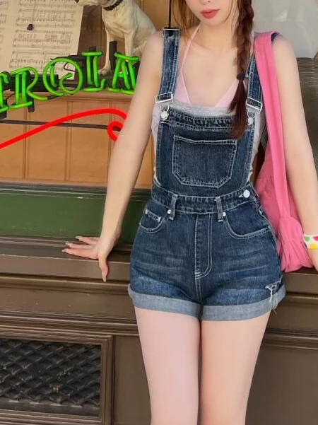 

Retro High Waist Denim Shorts Women's Summer Korean Style Casual Washed Straight Leg Pants with Straps Slimming Trendy Hot Pants