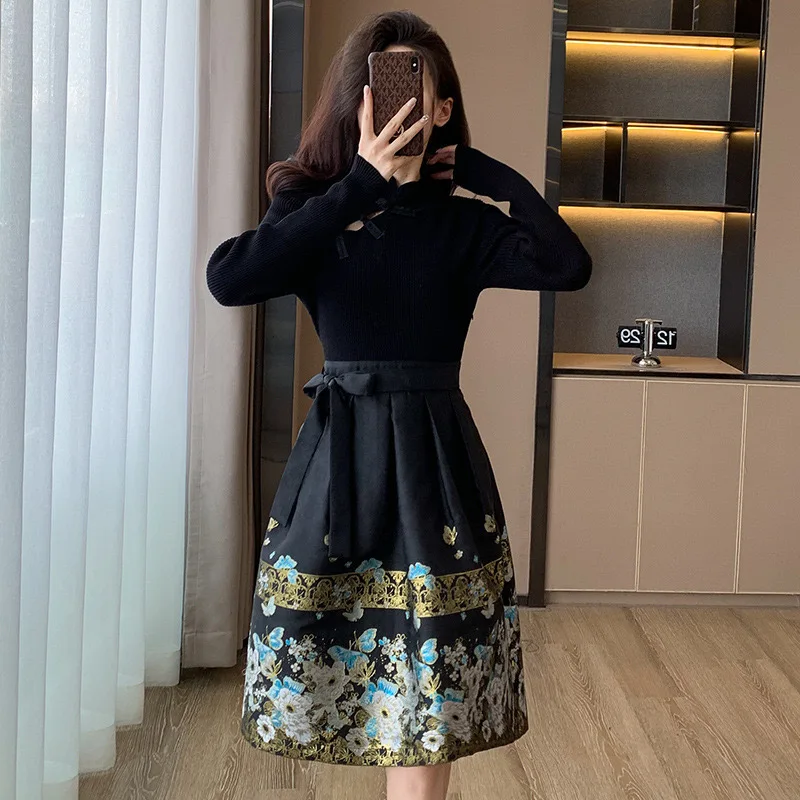 Knitwear Long Sleeve Women Dress Evening Party Girls Qipao With Belt