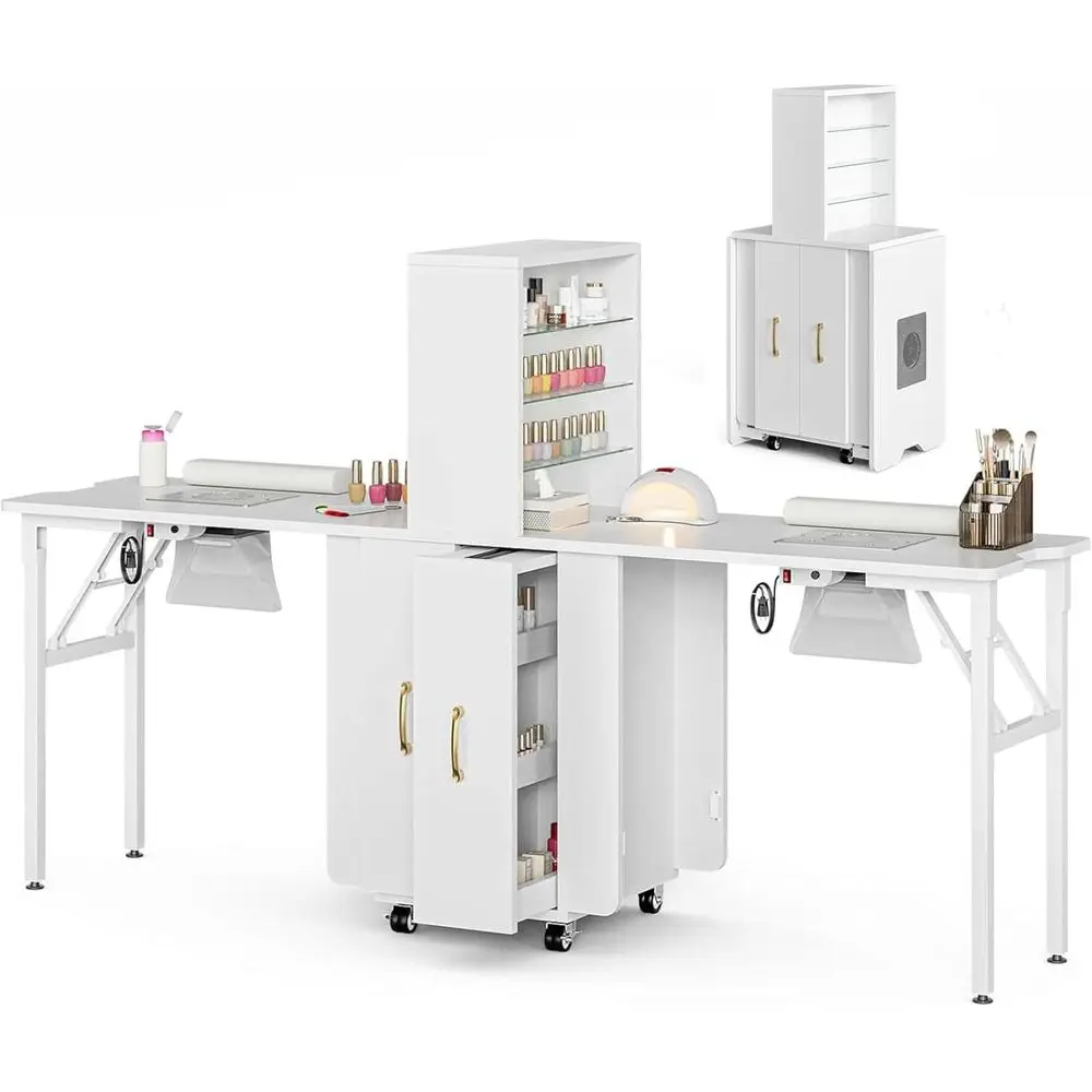 

Folding Dual-Station Manicure Desk with Dust Collector, Lockable Wheels, Glass Shelves and Drawers, Wrist Support