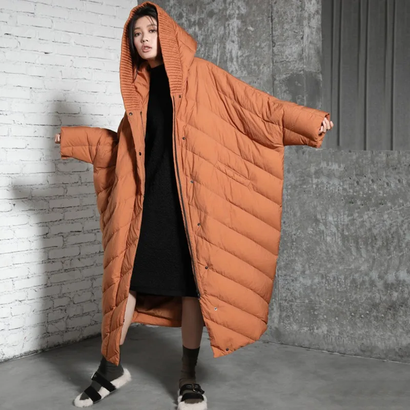 Women's Autumn/Winter Down Jacket Batwing White Duck Down Hooded Long Length Plus New Thick Warm Comfortable Loose Casual Design