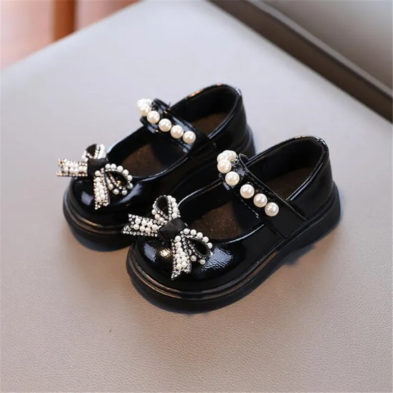 Girls Princess Leather Shoes Soft Bottom Children Sequins Flats Pearl Baby Wedding Shoe