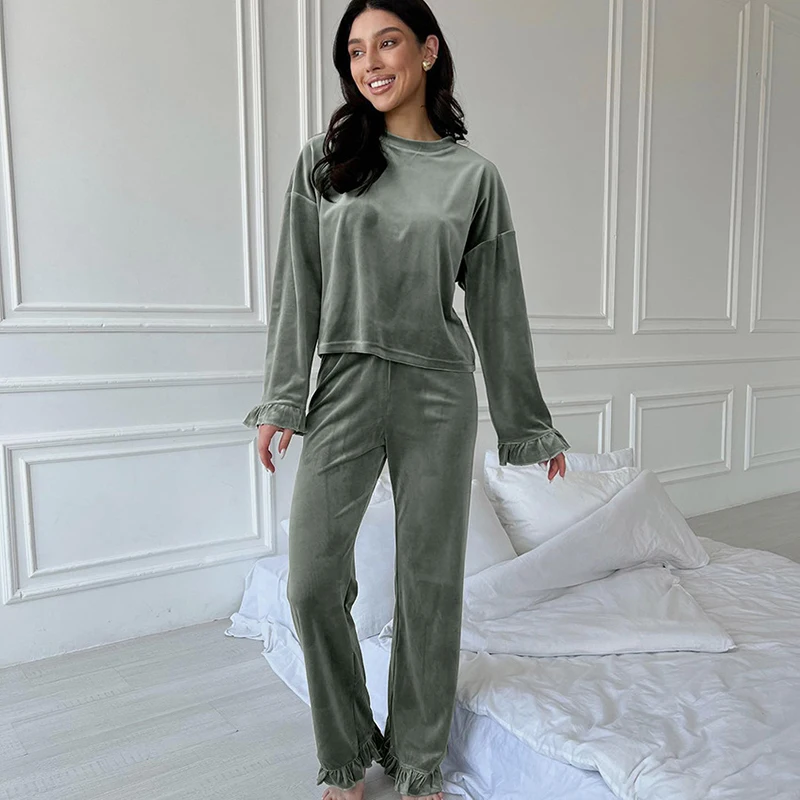 2024 Autumn Winter Knitted Pajama Women's Round Neck Long Sleeved Pants 2Pcs Home Sleepwear Set Female Solid Casual Loungewear