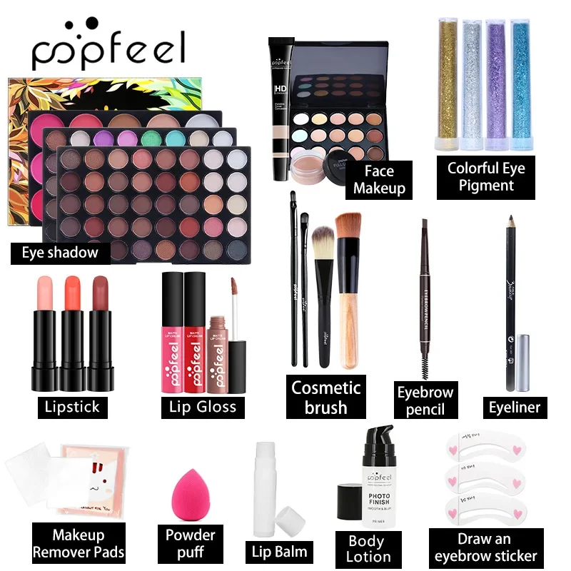 Kit de maquillaje con paleta de sombra de ojos, maquillaje líquido, lápiz labial, esponja, base, corrector, cejas, caja de regalo