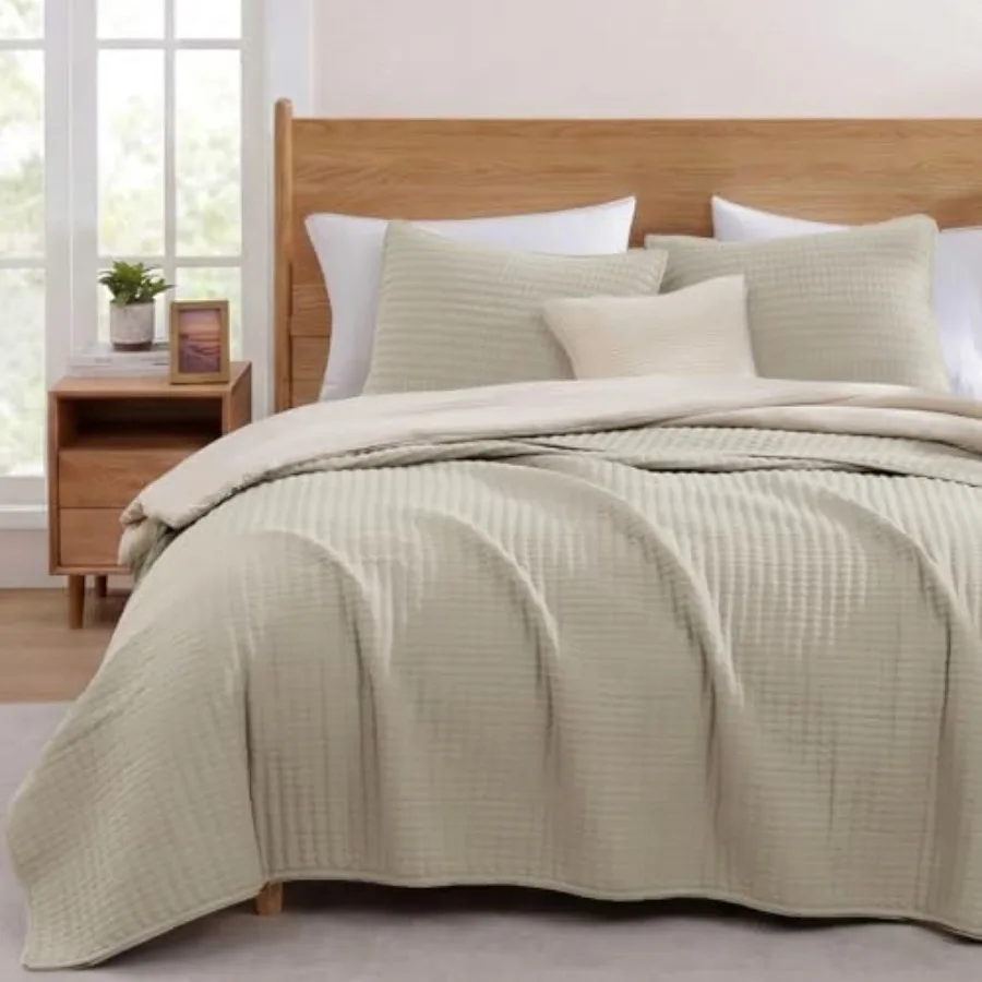 

Queen Quilt-3 Pieces Lightweight Bedspreads Light Oatmeal Queen Size Quilt Bedding Set for All Seasons Soft Summer Coverlet wit