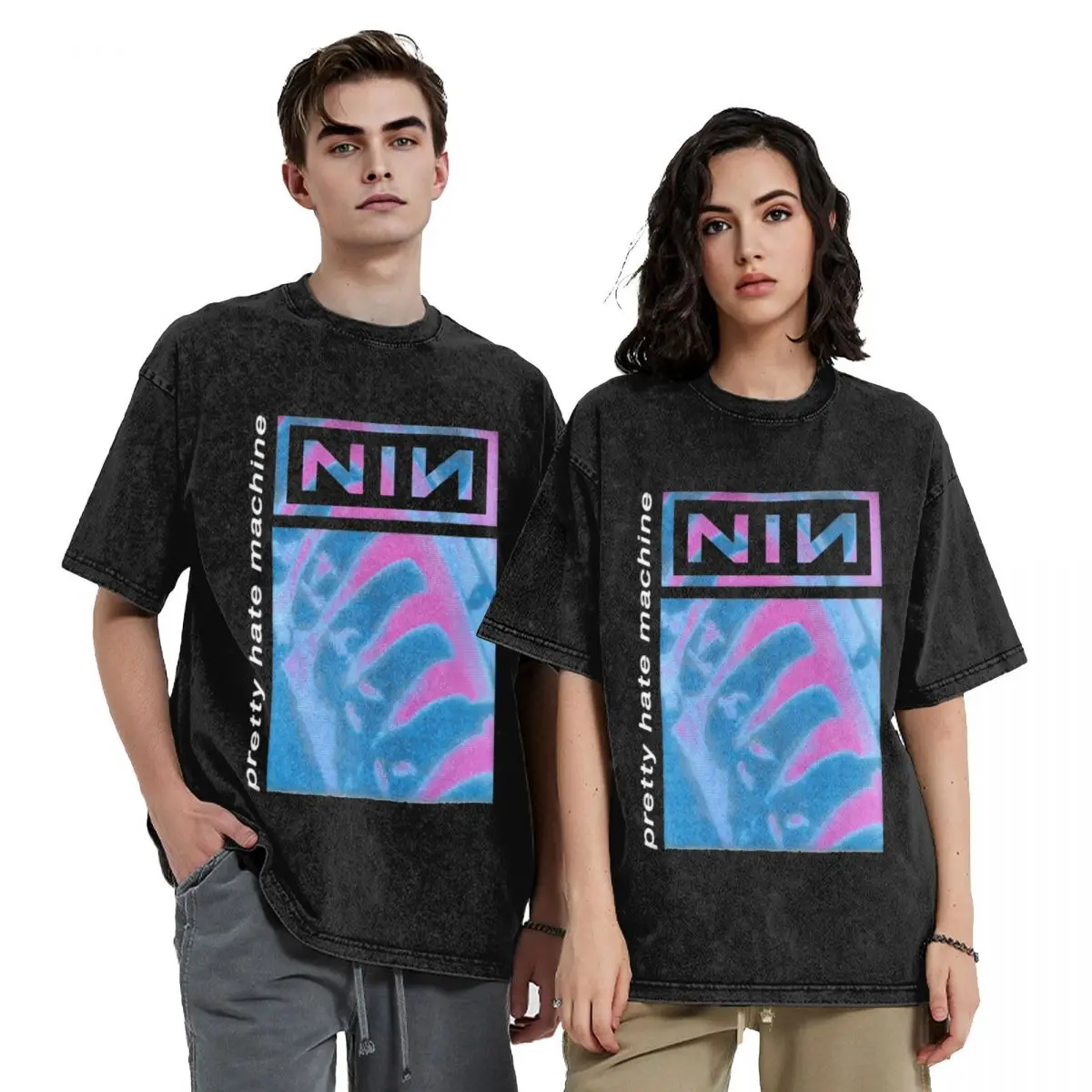 Blue And Purple NIN Nine Inch Nails T Shirt Hip Hop Washed 100% Cotton T-Shirts Vintage for Men Women Streetwear Printed Tees