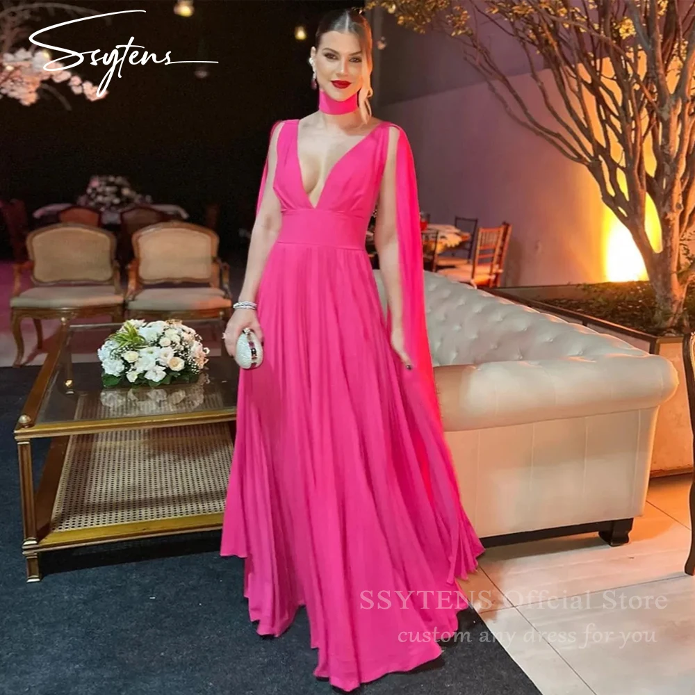 

SSYTENS Fuchsia Pink Backless Evening Dresses Deep V Neck Chiffon Robes De Soirée Sexy Vestidos De Fiesta Elegantes Customized