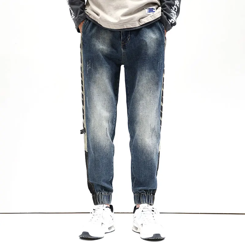 Jeans Men Oversize Pants Harem Joggers Elastic Waist Streetwear Side Striped Tapered Jeans Kpop Loose Fit Male Denim Trousers