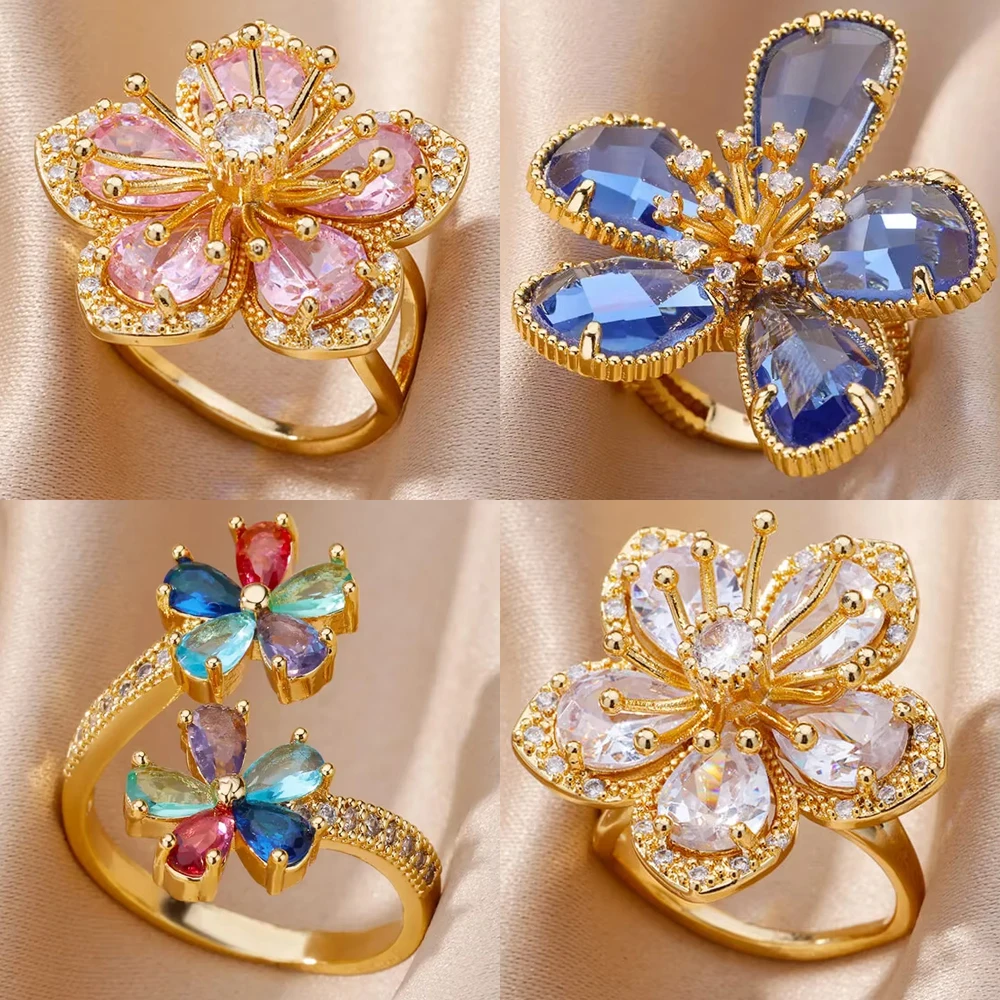 Gold Color Zircon Flower Rings for Women Girls Elegant Stainless Steel Ring Floral Jewelry Trendy Luxury Aesthetic 2026 Style