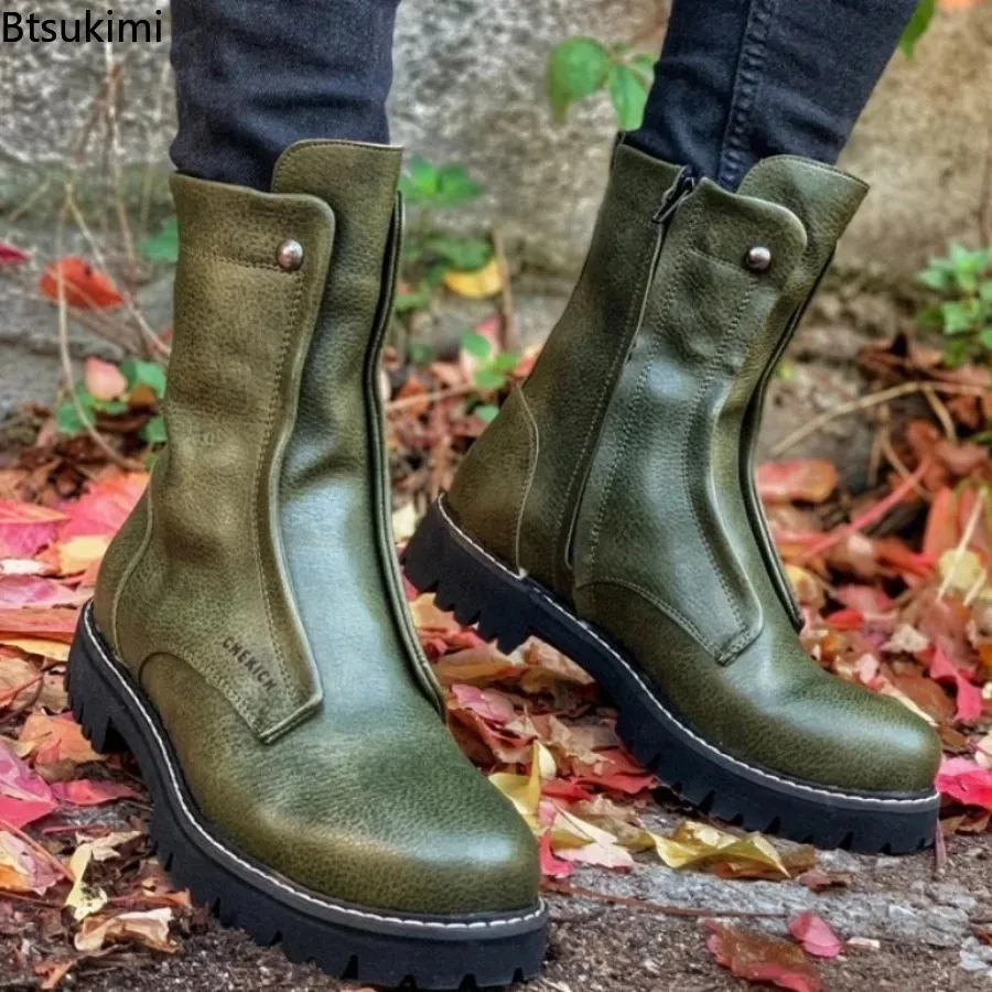 2026 Neue Übergrößen-Herrenmode High-Top Stiefel mit Runder Spitze PU-Leder Schuhe Schwarze Stylische Dickbesohlte Kurze Motorradstiefel
