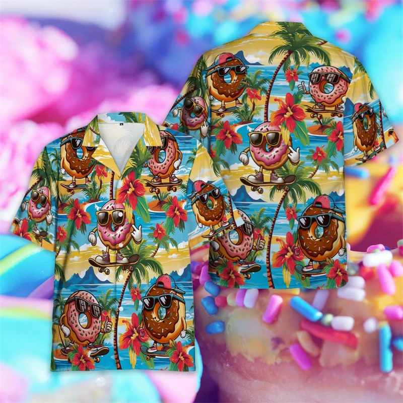 Cute Donut 3D Printed Shirts For Men Clothes Casual Hawaiian Lapel Blouse Kawaii Doughnut Women Short Sleeve Cake Dessert Tops